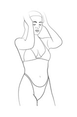 Woman in a bikini, black and white hand drawing