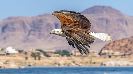 Eagle Soaring Above Desert Lake and Mountains