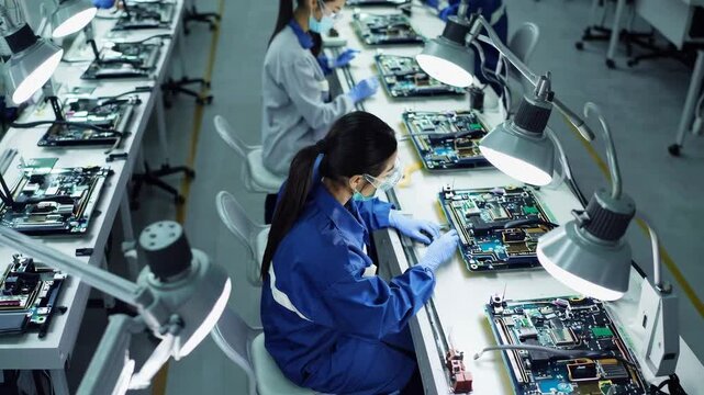 Female Electronics Factory Workers in Blue Work Coat and Protective Glasses Assembling Printed Circuit Boards for Smartphones with Tweezers