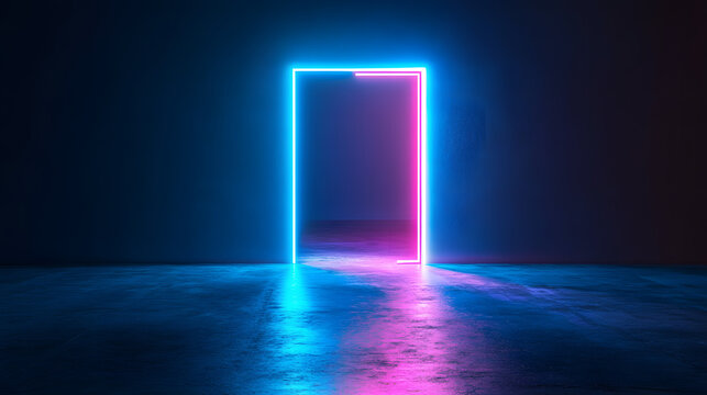 Futuristic neon door glowing in dark, cyberpunk aesthetic, sci-fi entrance, modern abstract background, illuminated gateway, surreal light portal, mystery doorway, 3D render