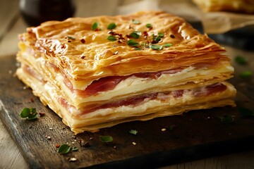 delicious pastry with layers of flaky dough and creamy filling food photography vertical format