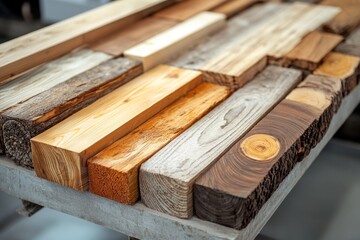 Fototapeta premium Close up of wood planks showing different types of wood grain and colors, resting on a workbench