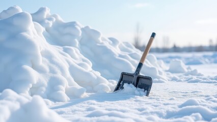 Shovel and snow pile, Snow-covered ground large snow pile behind shovel clear sky