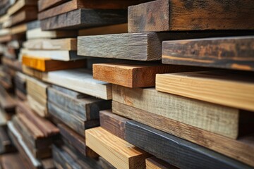 Wood planks are stacked, showcasing diverse colors and textures, creating an interesting visual arrangement