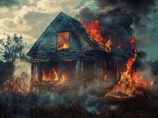 House on fire and burning down putting out the flames landscape