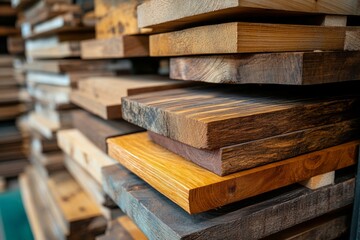 Fototapeta premium Lumber store displaying wooden planks with diverse wood grain, texture, and colors, offering a wide selection for woodworking and construction projects