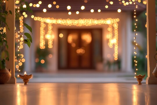 diwali hindu festive lights decoration on house entrance with bokeh effect during the evening celebration blurred background