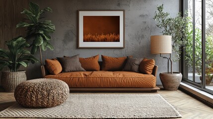 Warm and cozy interior of living room space with brown sofa pouf beige carpet lamp mock up poster frame