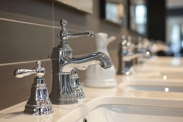 Row of shiny new chrome faucets displayed on white porcelain sinks in a modern bathroom showroom setting