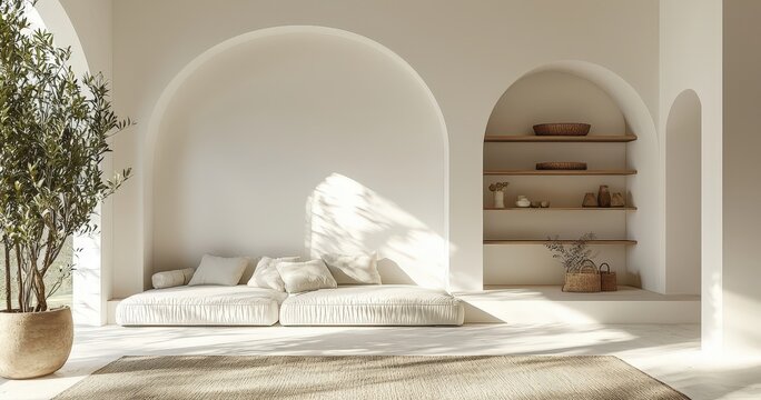 Living room interior with white decor arched mirror and built in shelving warm white tone minimalist