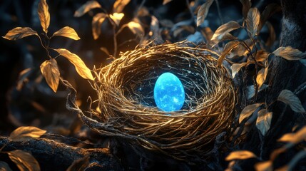 Glowing Celestial Egg in Golden Nest: A Mystical Forest Scene