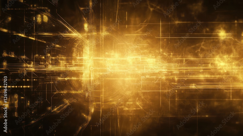 Poster Golden futuristic technology background with intricate circuit board patterns