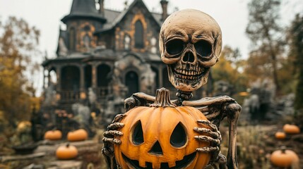 Skeleton holding a jack-o'-lantern in front of haunted house
