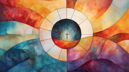 Obraz premium Circularly colorful and decorative stained glass windows with religious motifs. Ai generative.