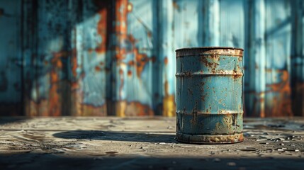 Fototapeta premium A clean oil barrel stands on a flat concrete surface, softly lit to showcase its industrial form and shadows