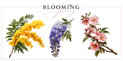 Flowering mimosa, wisteria and sakura branches isolated on a white background. Vintage painting style illustration. © Anna