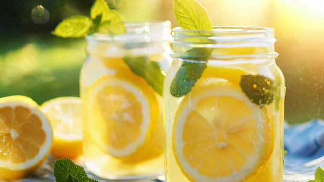 Freshly made lemonade with mint leaves served in glass jars. The sunlight enhances the vibrant colors of the drink and surrounding lemons, creating a refreshing summer atmosphere.