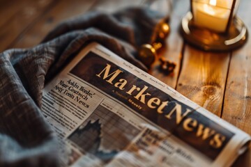 A neatly folded newspaper displays market news, resting on a polished wood table under soft golden hour lighting