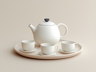 design showcases tea set stylish teapot and matching teacups arranged on round tray. soft beige background enhances modern aesthetics and simplicity of set.