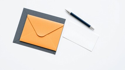 Orange and Gray Envelopes with Blank Note and Pen on White Background - Minimalist Stationery Mockup