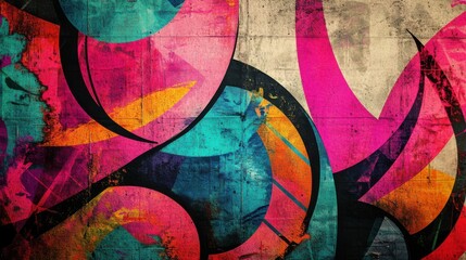 Vibrant Graffiti Art in Neon Colors, Urban Wall, Abstract Design, Distressed Texture, Artistic Perspective