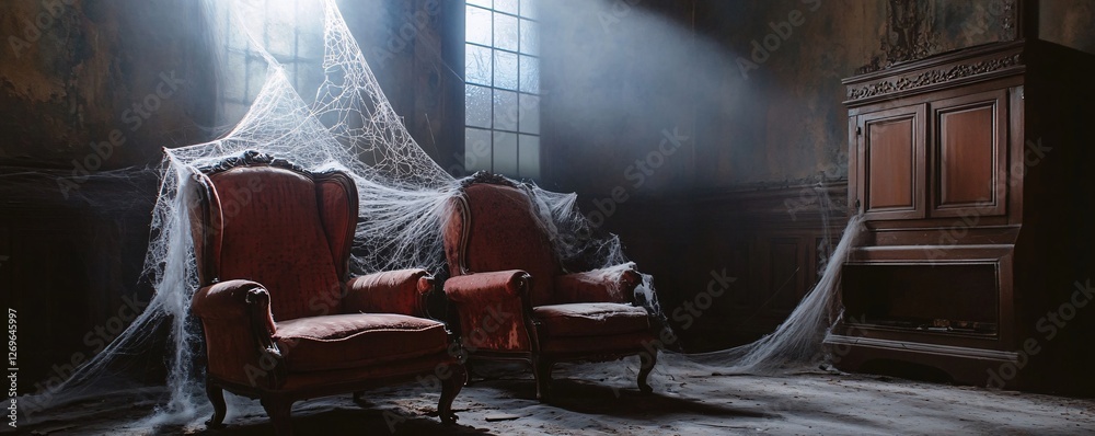 Poster sunlight illuminating two dusty armchairs covered in cobwebs in an abandoned room