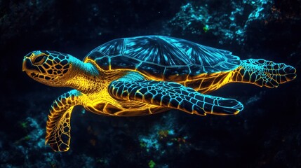 Fototapeta premium Radiant Sea Turtle: A Bioluminescent Underwater Marvel