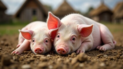 Suckling piglets, Farmyard piglets nap beside their mother thatched roofs in view.