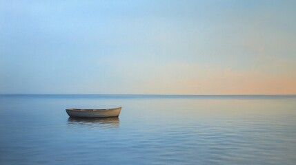 Naklejka premium Solitary Rowboat on Calm Ocean Waters at Dawn