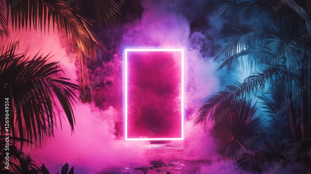 Poster illuminated neon rectangle with palm trees and colorful smoke