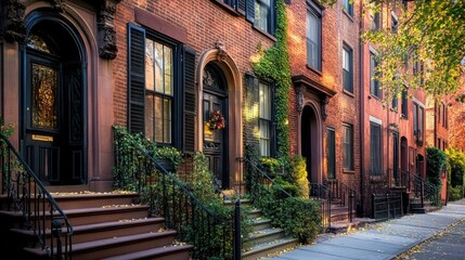 Charming Brownstone Facades on a Quiet Autumn Day in a Historic Neighborhood
