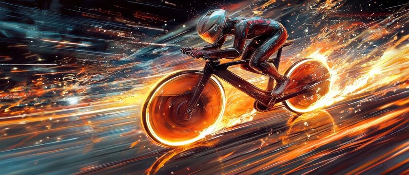 Hyper-Realistic Cyclist Racing at Hyper Speed with Burning Tires in a Stunning 9D Scene of Motion and Energy, High Fidelity Gigapixel Image