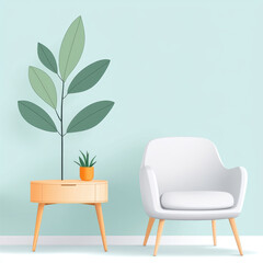 modern living room with white chair, wooden table, and green plants