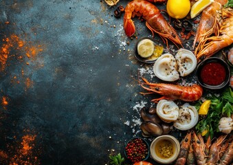 A visually stunning seafood spread featuring succulent shrimp, tender squid, and an array of flavorful sauces. This image showcases the richness and variety of gourmet seafood, perfect for food blogs,
