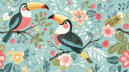 Vibrant 2D Toucan and Tropical Jungle Pattern with Exotic Foliage


