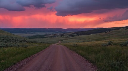 Dirt road leads through fields towards a beautiful colored sunset