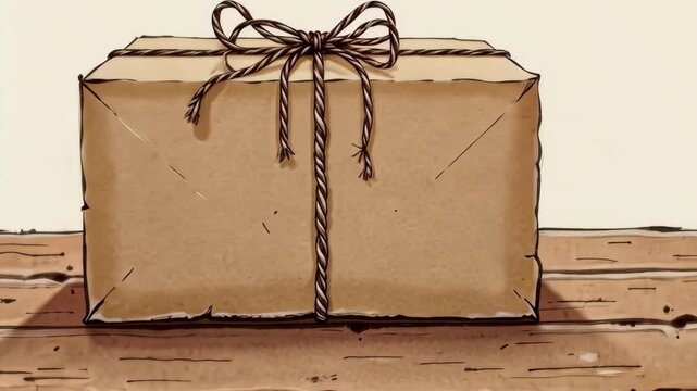 Simple rustic gift box tied with twine on wooden surface with copy space
