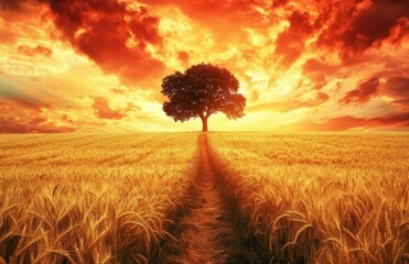 Fiery sunset path through golden wheat field with lone tree