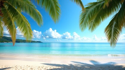Sun at zenith, Tropical beach clear waters midday sun palm trees foreground photorealistic.