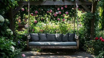Beautifully Crafted Garden Swing Adorned with Vibrant Flowers