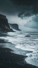 Fototapeta premium Bleak Coastal Scene with Jagged Cliffs and Crashing Waves
