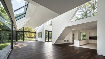 Obraz premium Spacious modern interior with large windows and sleek design, surrounded by nature.