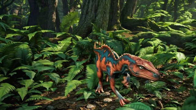 Sunbeams illuminate ancient predator's domain. Orange-blue theropod moves stealthily through primeval forest thick with ferns. Static wide shot.