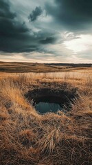 Captivating Sinkhole Surrounded by Barren Landscape Under Dramatic Sky