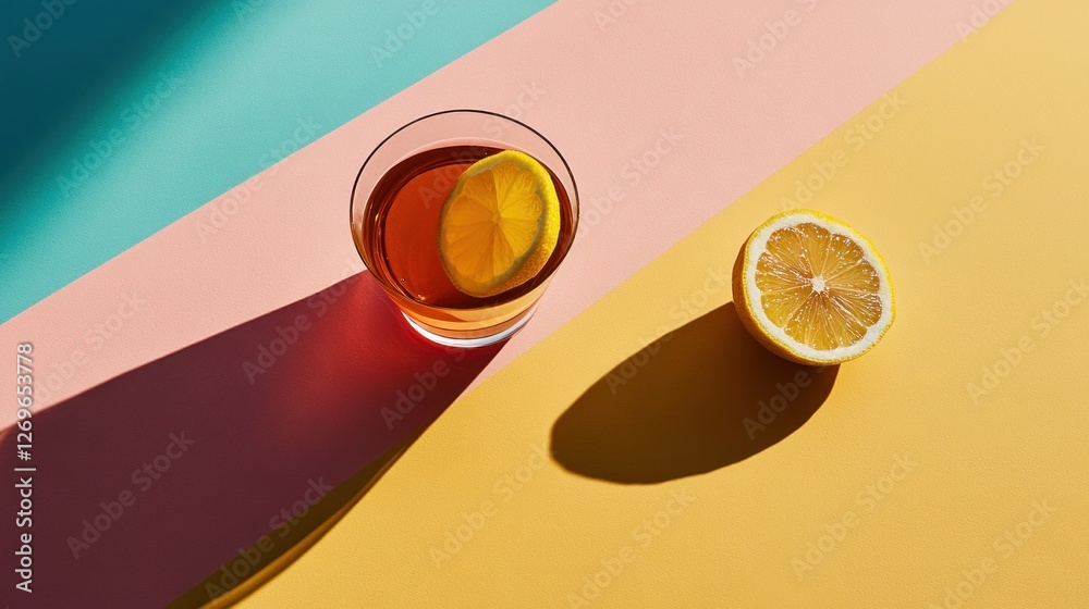 Poster stylish cocktail with lemon and vibrant color block background
