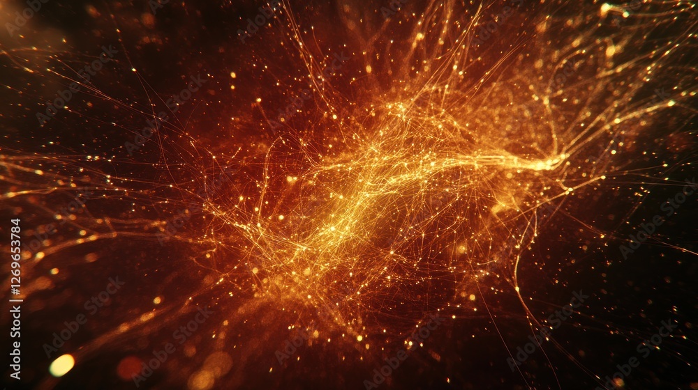 Poster A complex network of glowing golden threads and particles
