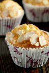 Freshly baked almond muffin close-up