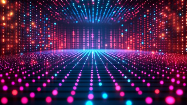 Vibrant neon vector art of layered computer code with clean lines on a dark background