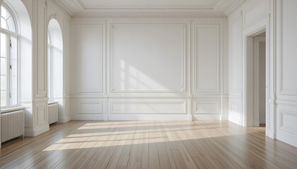 Fototapeta premium Empty Room with White Paneled Walls and Large Window Casting Natural Light