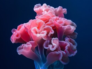 Pink coral-like organism in aquarium, vibrant colors, dark background